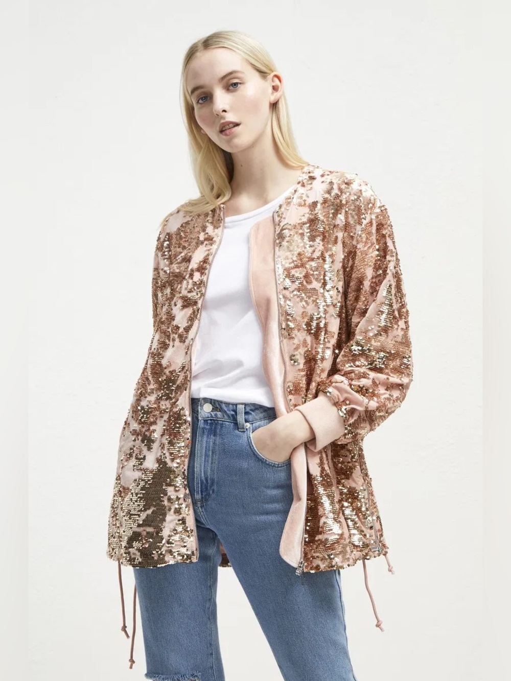 French Connection Pink and Cream Adette Sequin Velvet Bomber Jacket, Size Medium